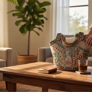 Cowgirl Trendy Tote Bag Concealed Weapon Rhinestone Studded Turquiose Southwest‎